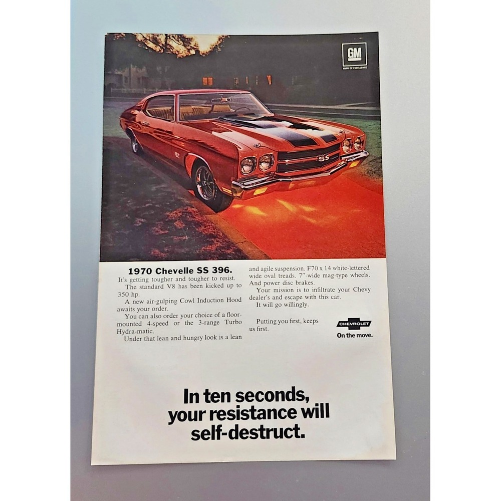 VTG Chevrolet Chevelle SS 396 Advertising Print Ad 1970 Muscle Car Promo Art GM